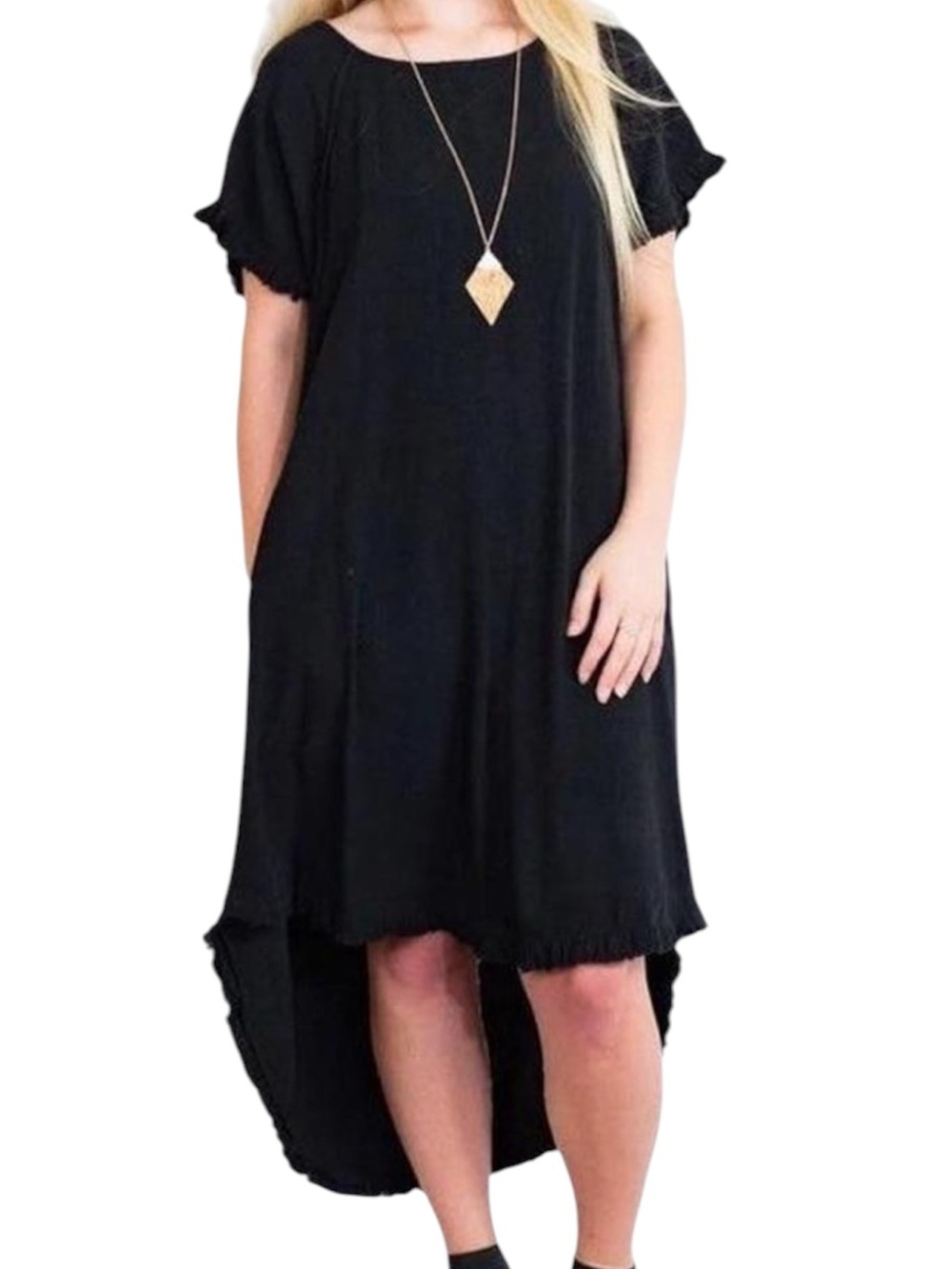 Umgee Black Linen Blend Fringe Hem Tunic Dress Pockets Size Medium